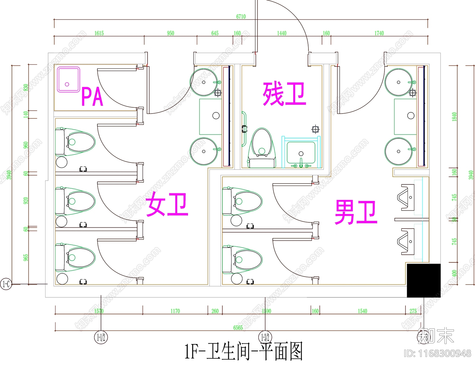 现代公共卫生间cad施工图下载【ID:1168300948】