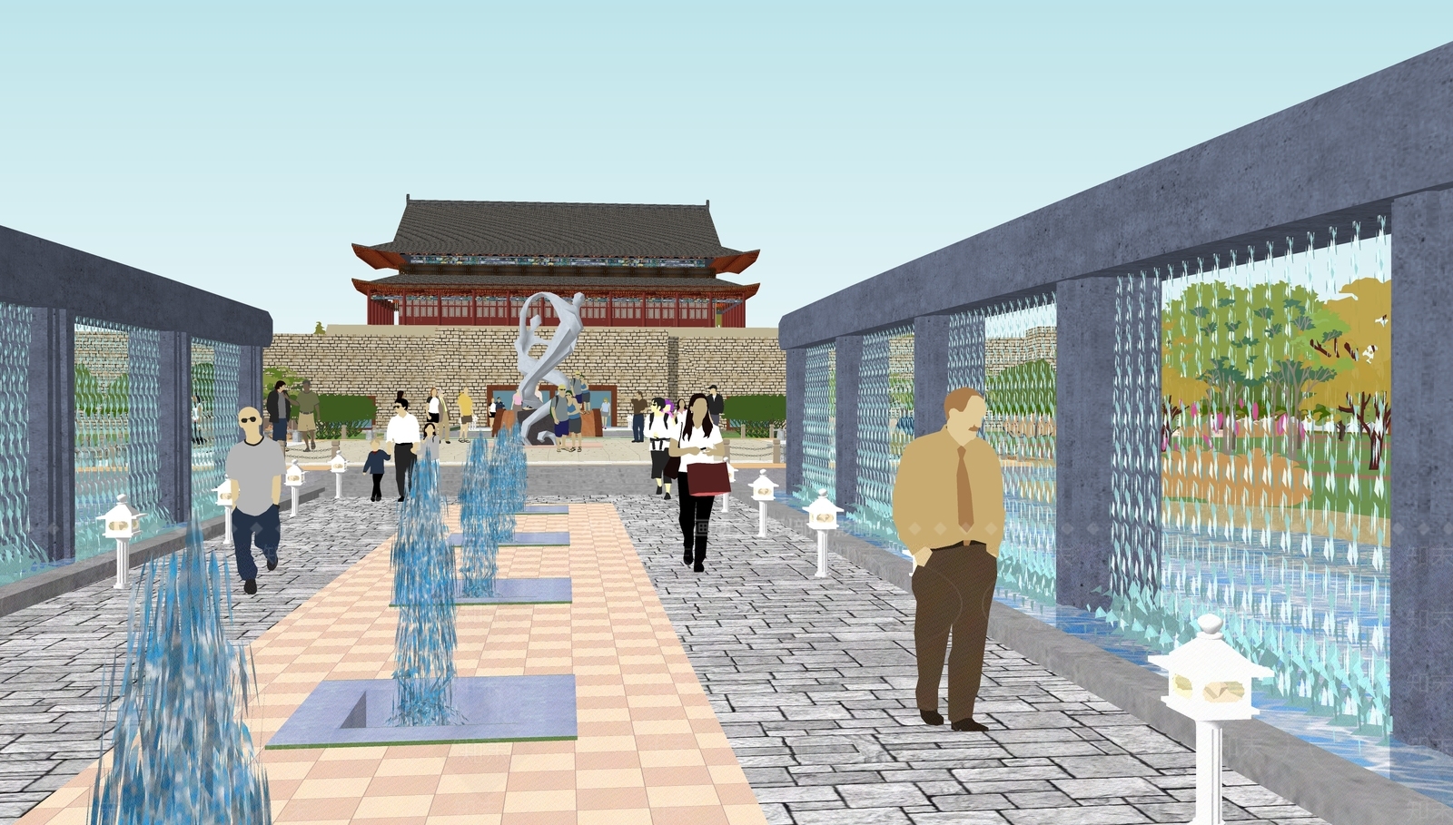 现代新中式广场景观SU模型下载【ID:1168301217】