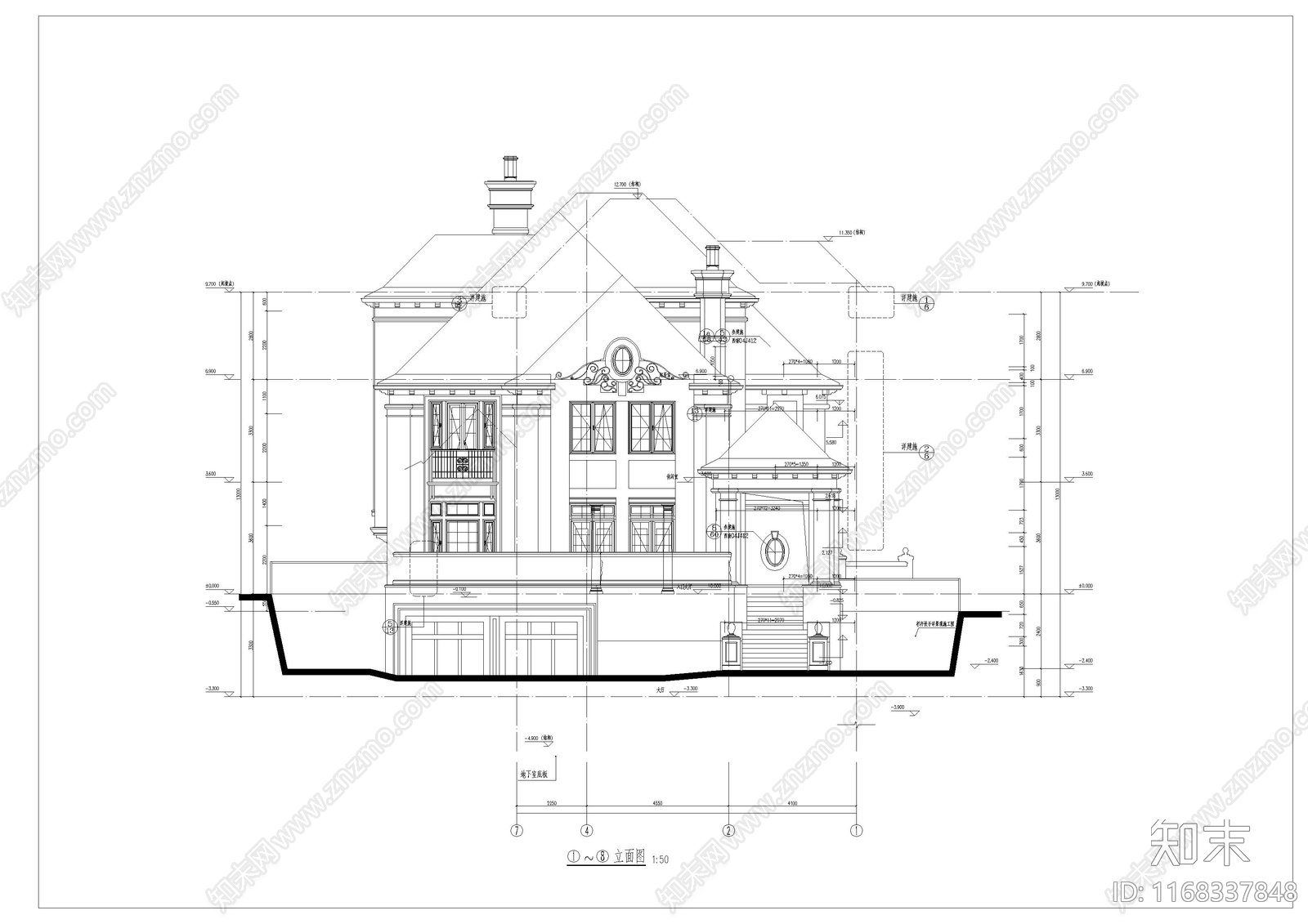 美式别墅建筑cad施工图下载【ID:1168337848】