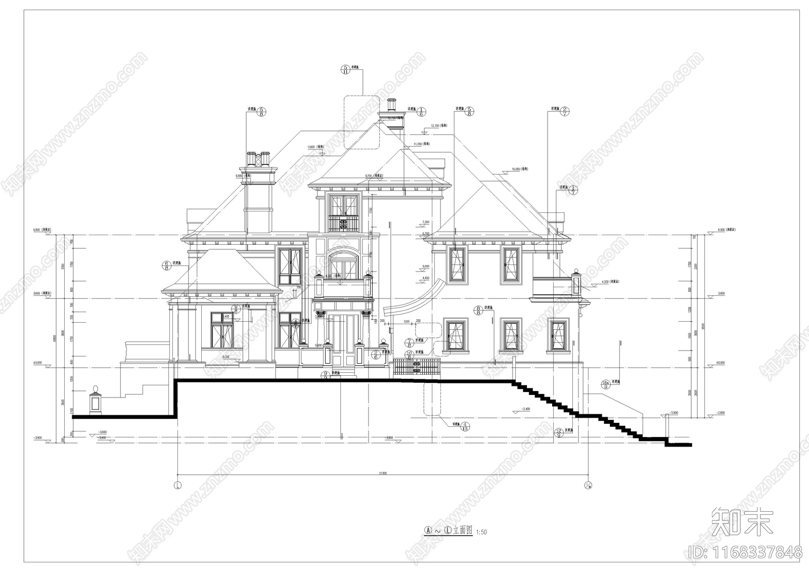 美式别墅建筑cad施工图下载【ID:1168337848】