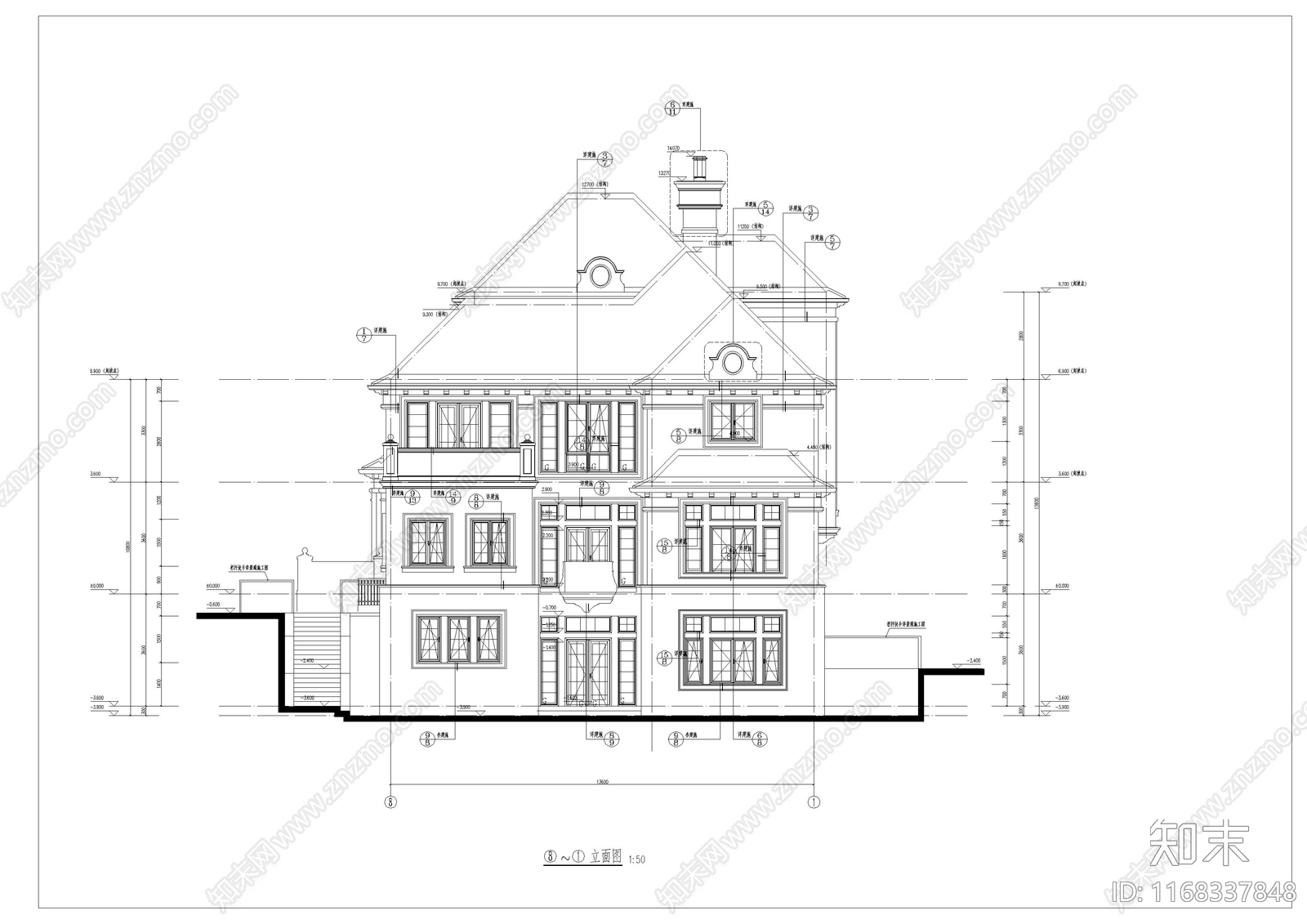 美式别墅建筑cad施工图下载【ID:1168337848】