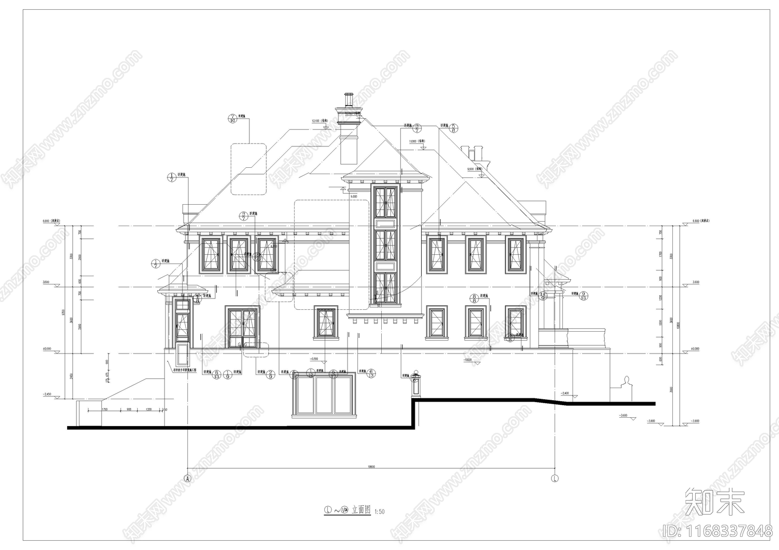 美式别墅建筑cad施工图下载【ID:1168337848】