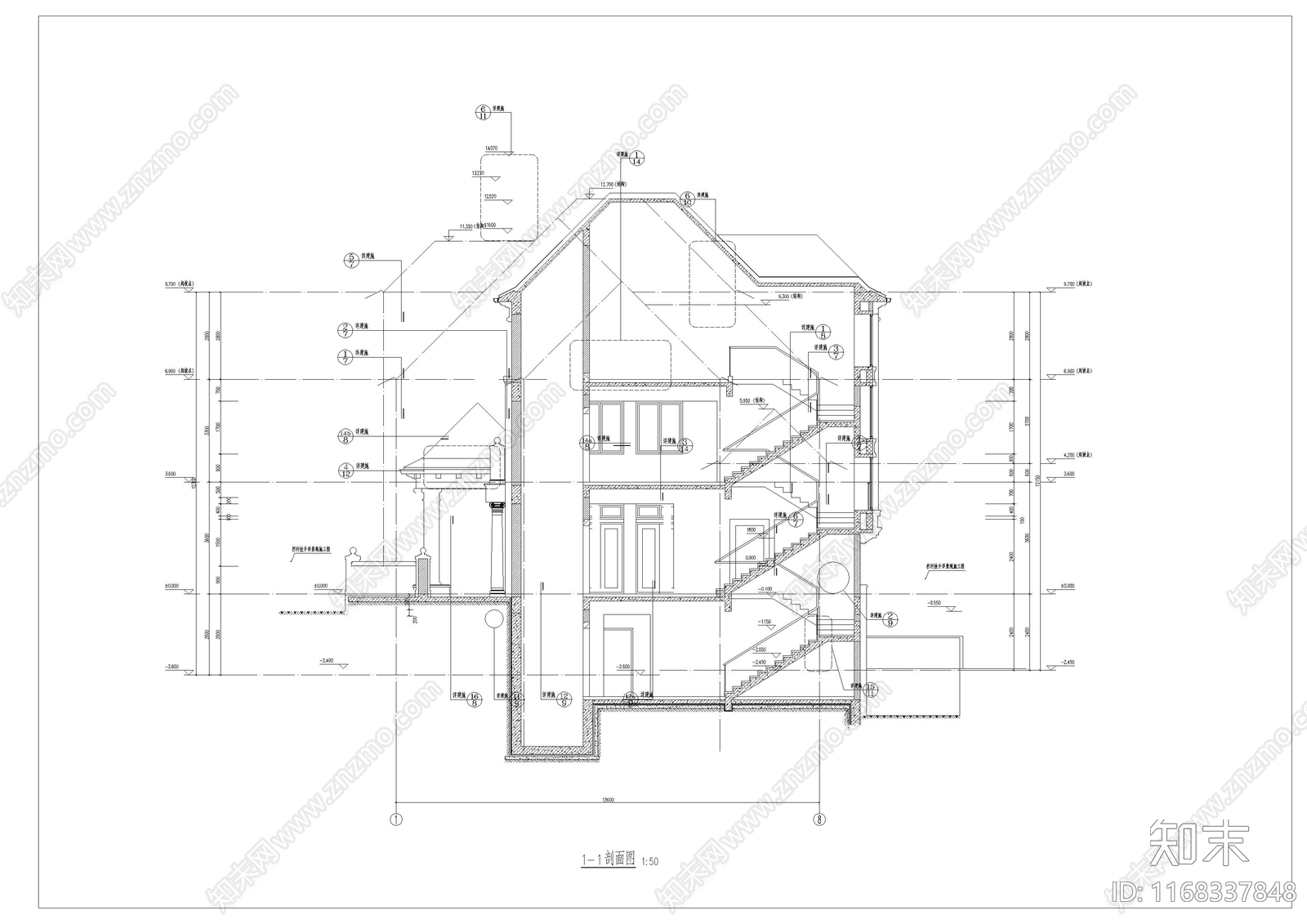 美式别墅建筑cad施工图下载【ID:1168337848】