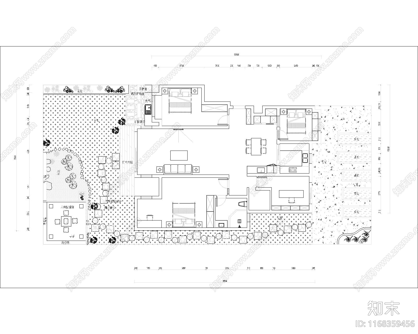 现代新中式庭院cad施工图下载【ID:1168359456】