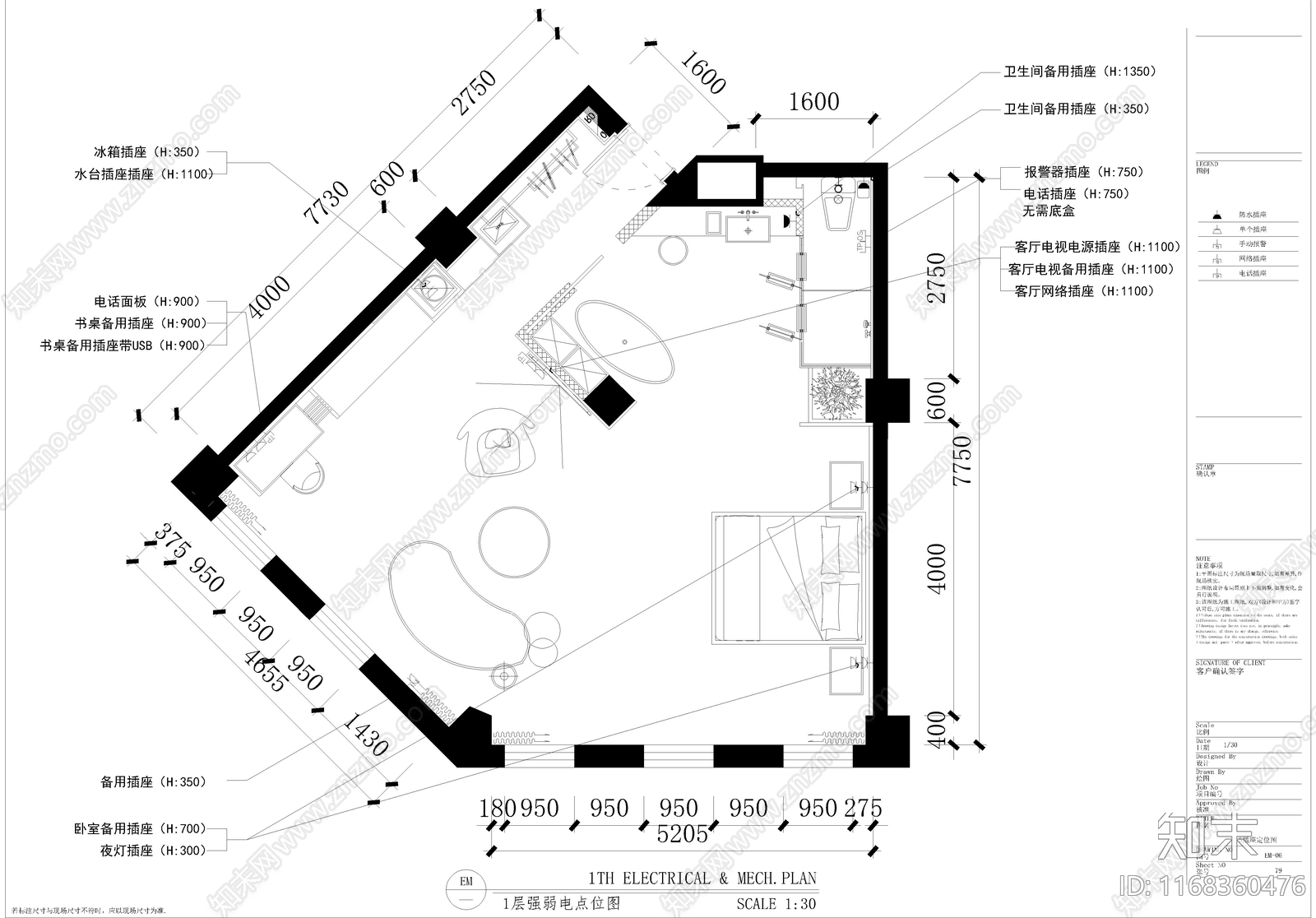 卧室cad施工图下载【ID:1168360476】