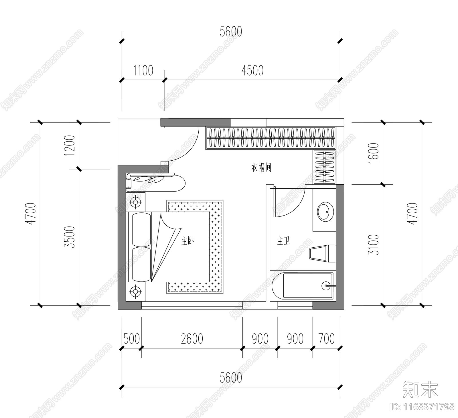 现代卧室cad施工图下载【ID:1168371798】