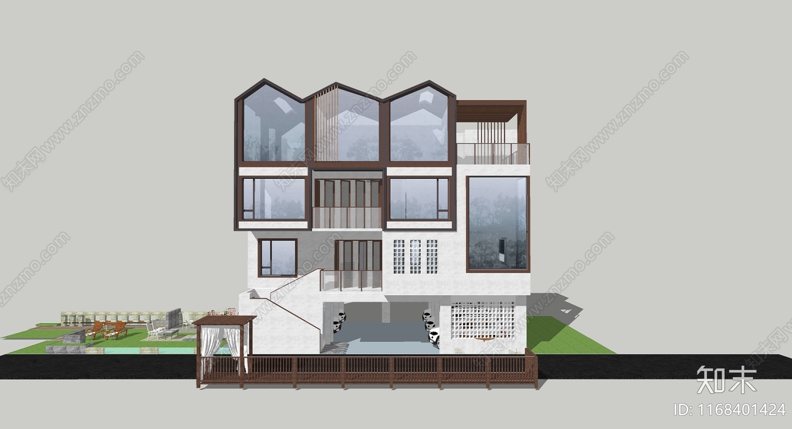 现代新中式别墅SU模型下载【ID:1168401424】