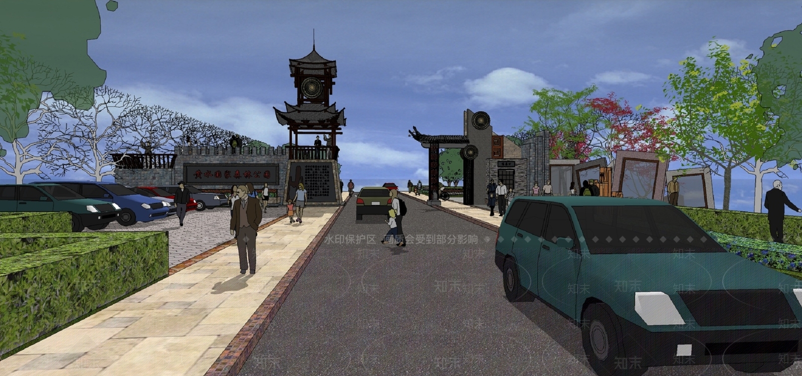 现代中式广场景观SU模型下载【ID:1168405468】