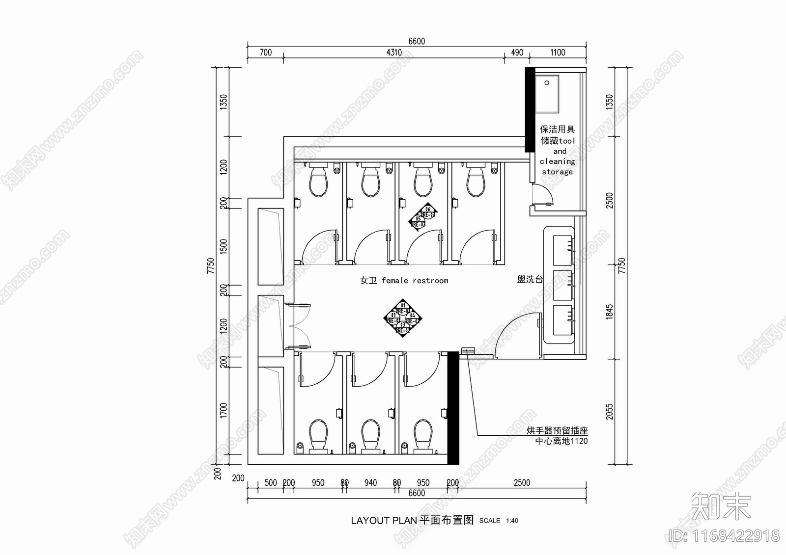 现代公共卫生间cad施工图下载【ID:1168422918】