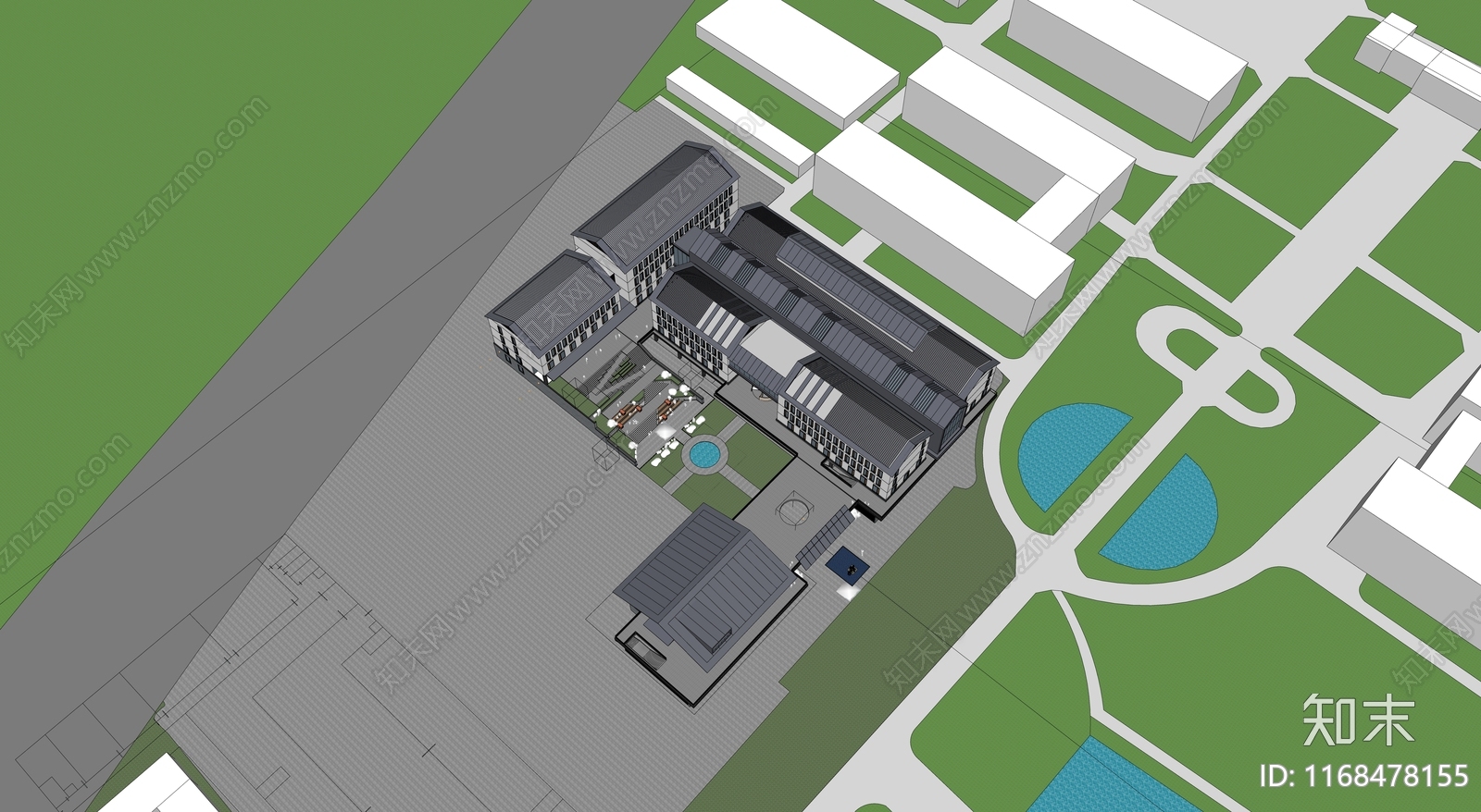 新中式学校建筑SU模型下载【ID:1168478155】