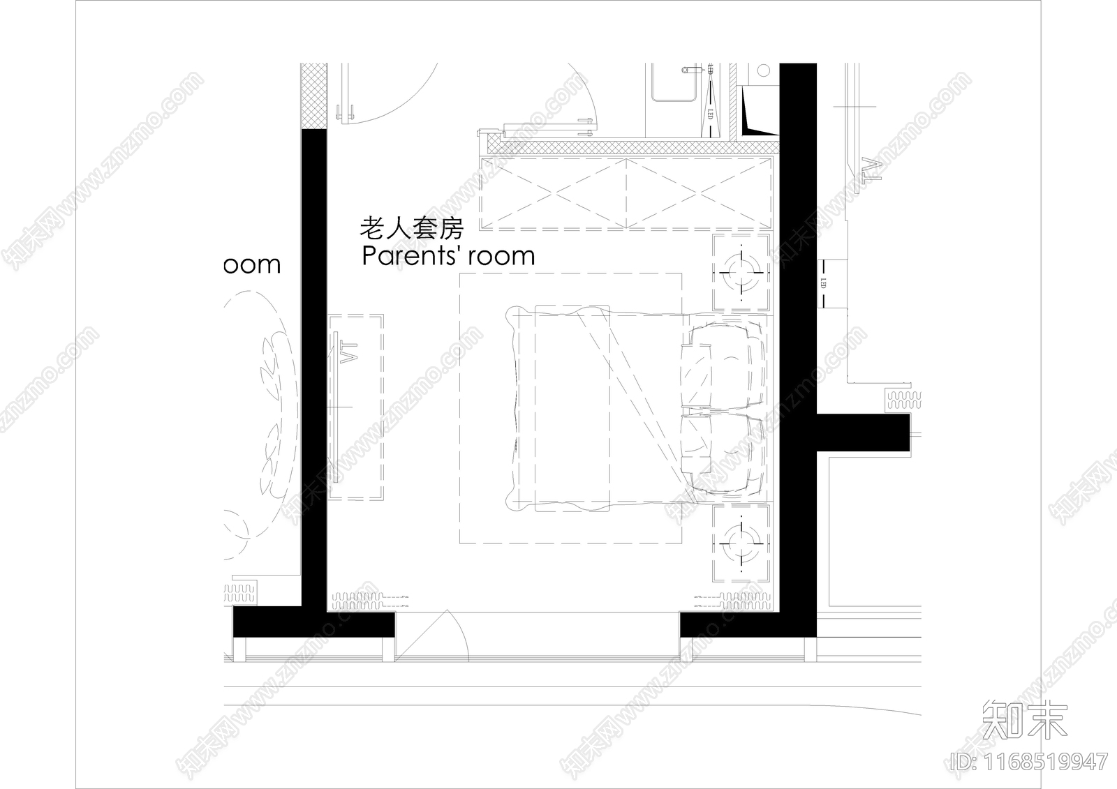 现代卧室cad施工图下载【ID:1168519947】