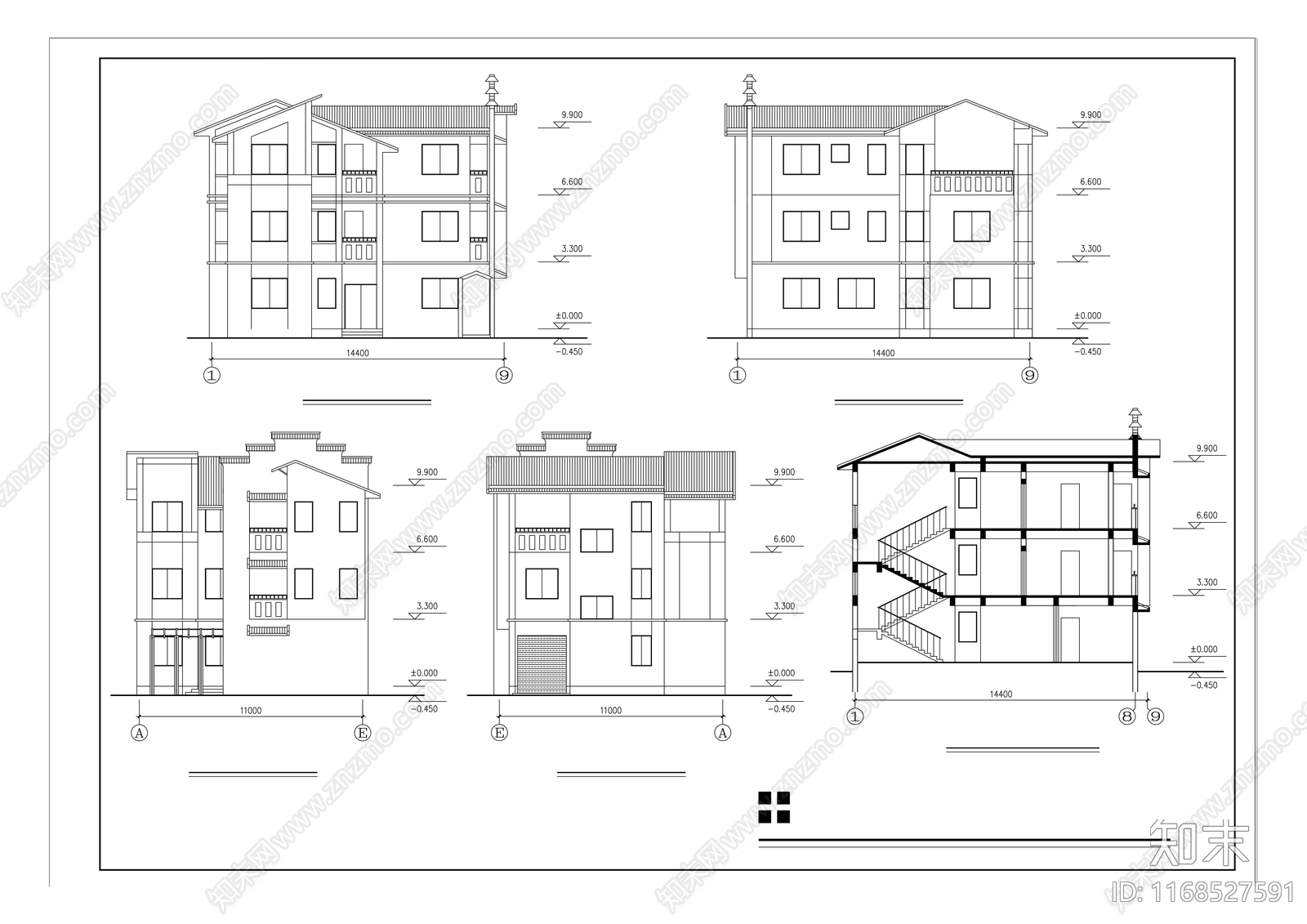 新中式别墅建筑施工图下载【ID:1168527591】