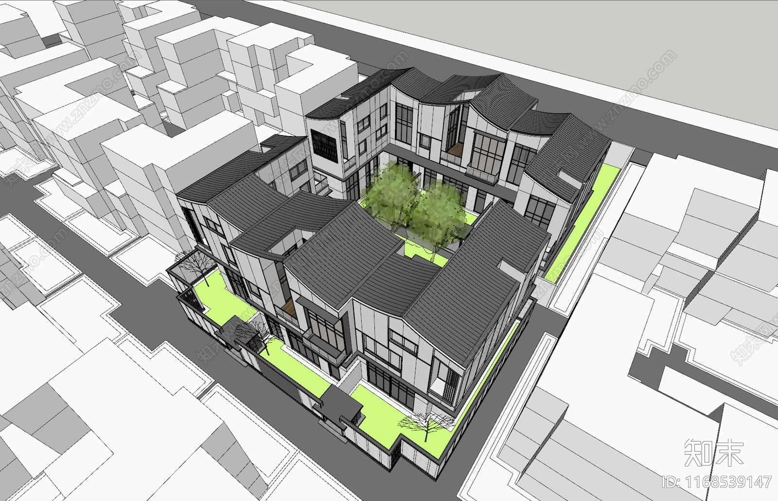 新中式四合院SU模型下载【ID:1168539147】