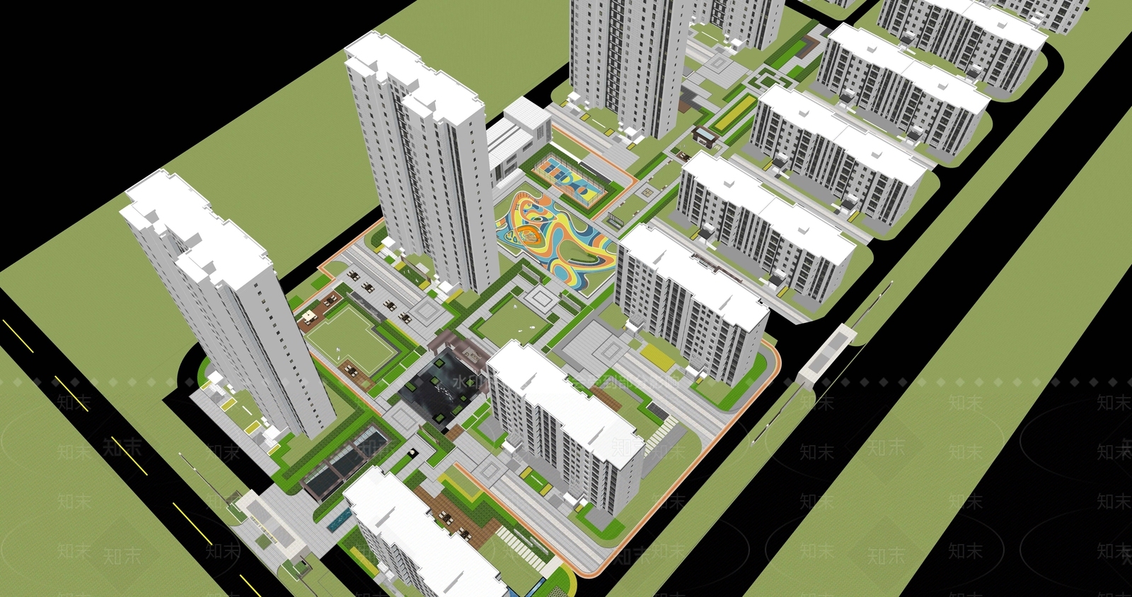 现代新中式小区景观SU模型下载【ID:1168587210】