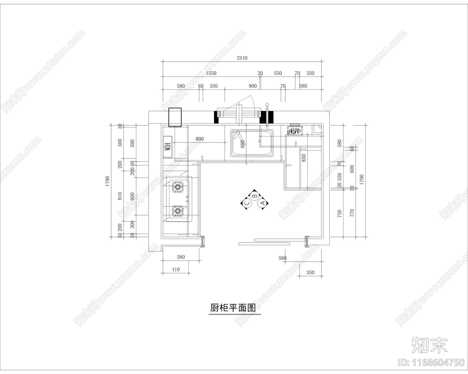 现代厨房施工图下载【ID:1168604750】