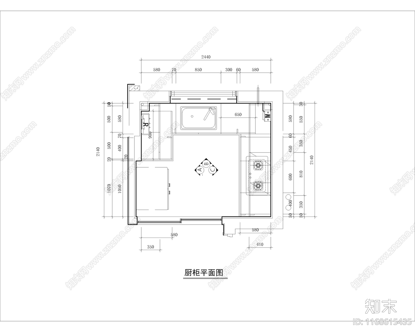 现代厨房cad施工图下载【ID:1168615435】