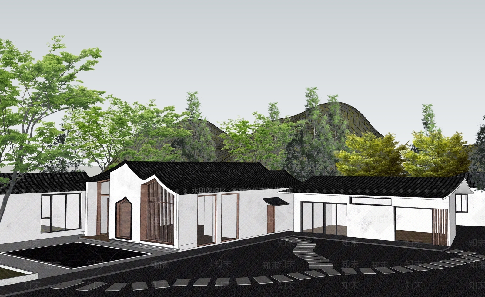 新中式现代民宿建筑SU模型下载【ID:1168665103】
