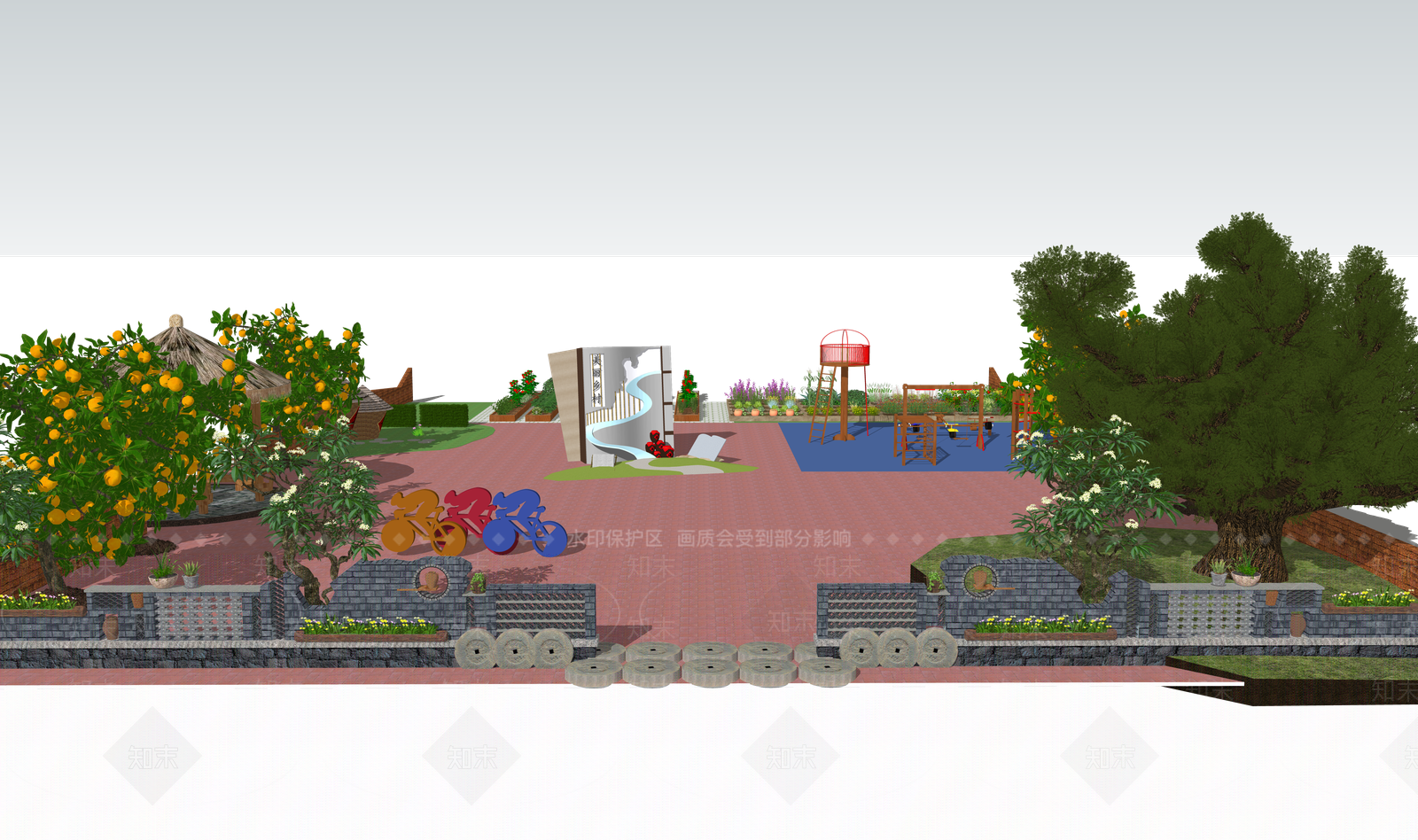 新中式广场景观SU模型下载【ID:1168667676】