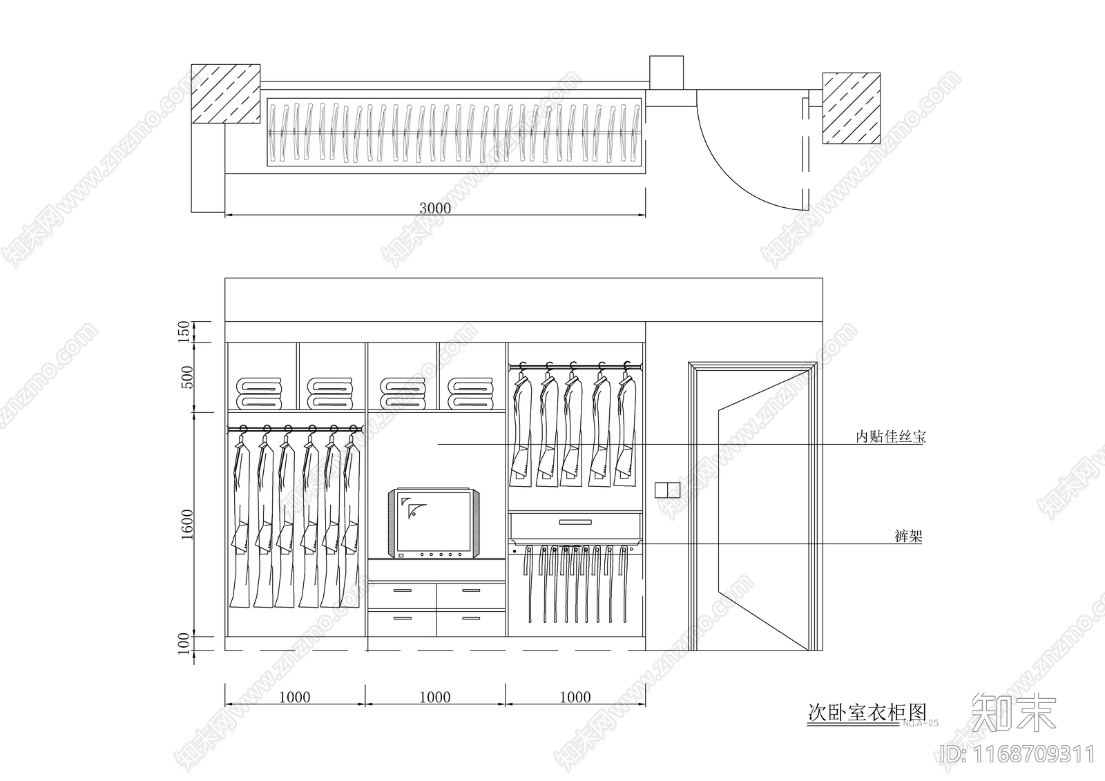 现代新中式衣帽间cad施工图下载【ID:1168709311】