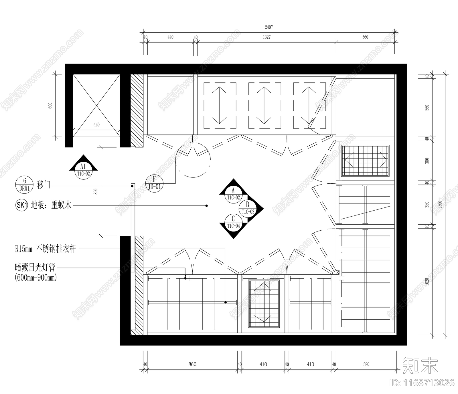 现代新中式衣帽间施工图下载【ID:1168713026】