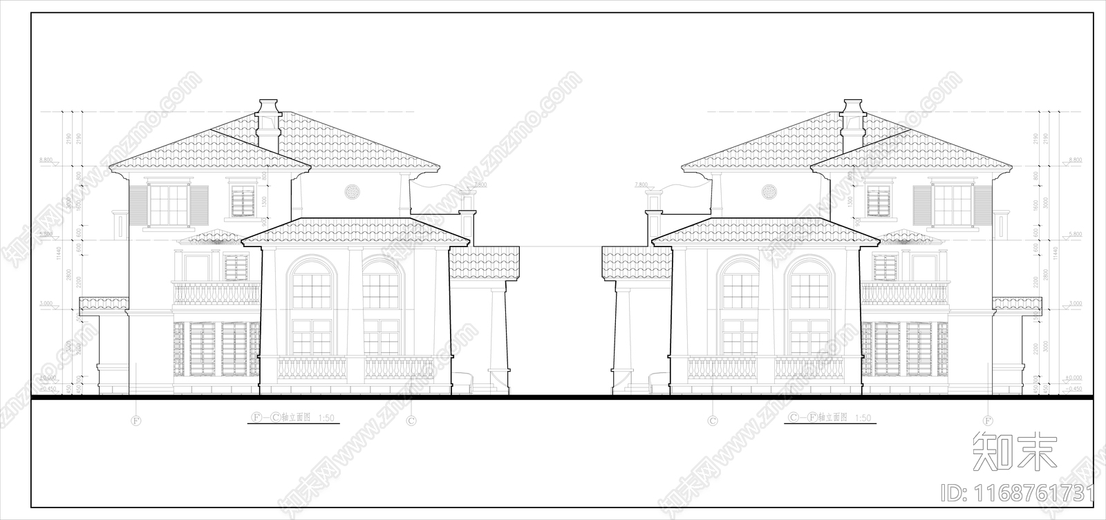 简欧欧式别墅建筑cad施工图下载【ID:1168761731】