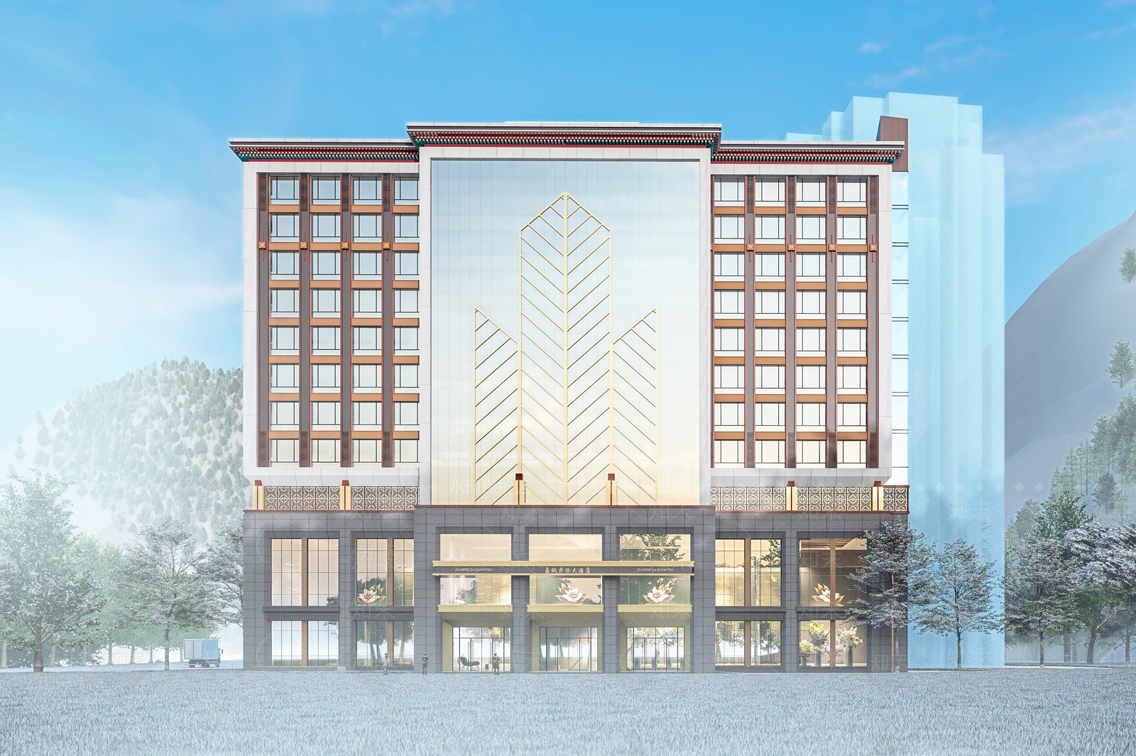 现代中式酒店建筑SU模型下载【ID:1201462599】