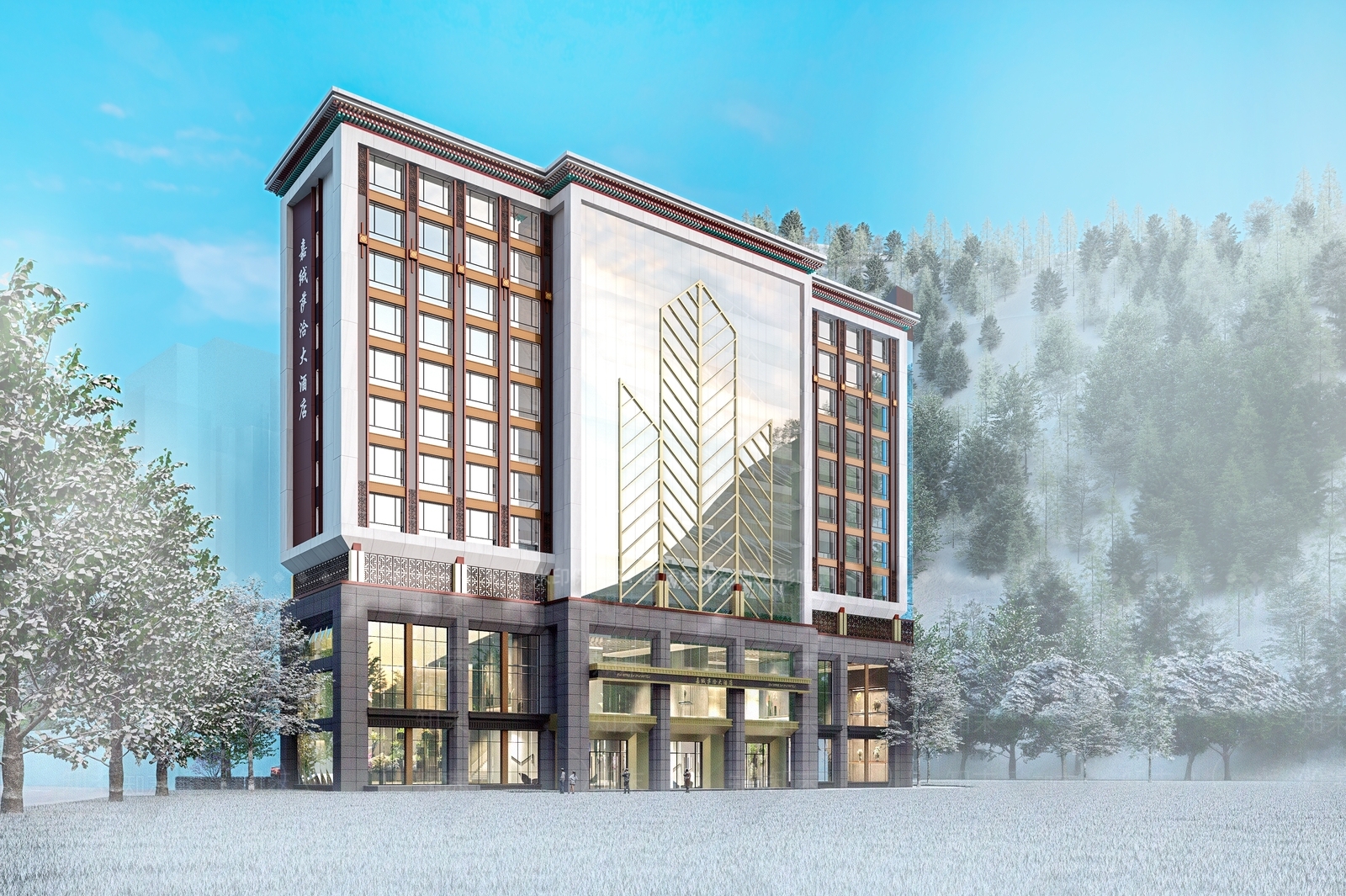 现代中式酒店建筑SU模型下载【ID:1201462599】