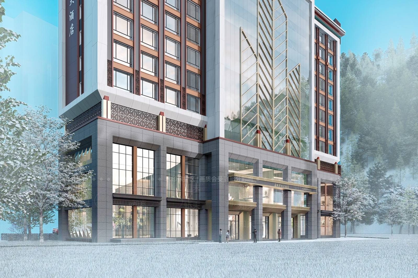 现代中式酒店建筑SU模型下载【ID:1201462599】