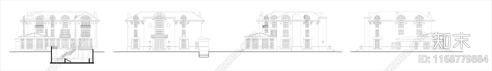 欧式美式别墅建筑cad施工图下载【ID:1168779884】