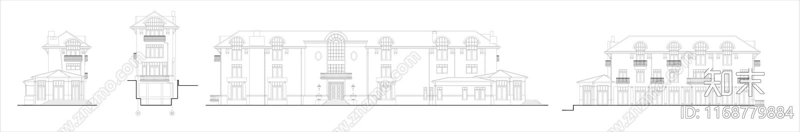 欧式美式别墅建筑cad施工图下载【ID:1168779884】