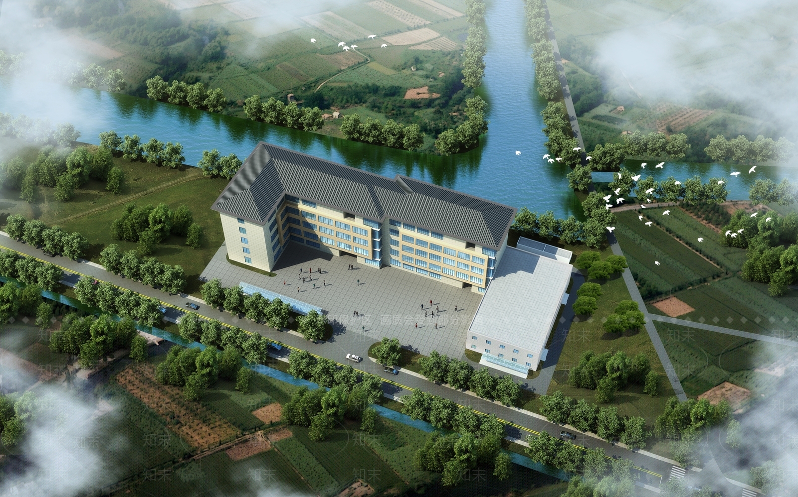 新中式现代学校外观3D模型下载【ID:1168820258】