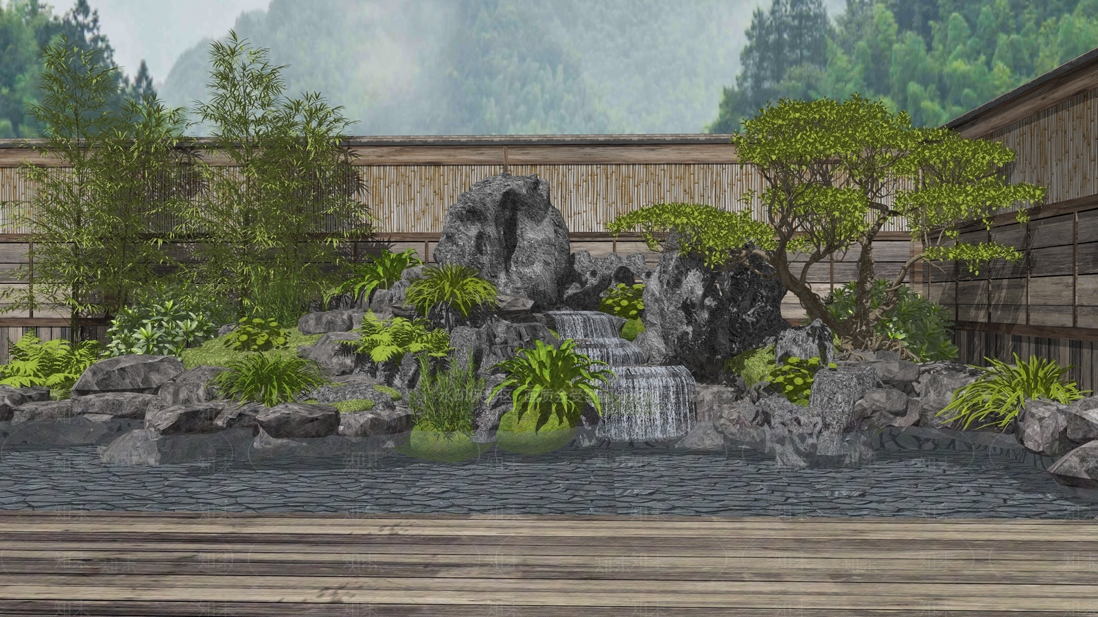 日式新中式水景SU模型下载【ID:1168905686】