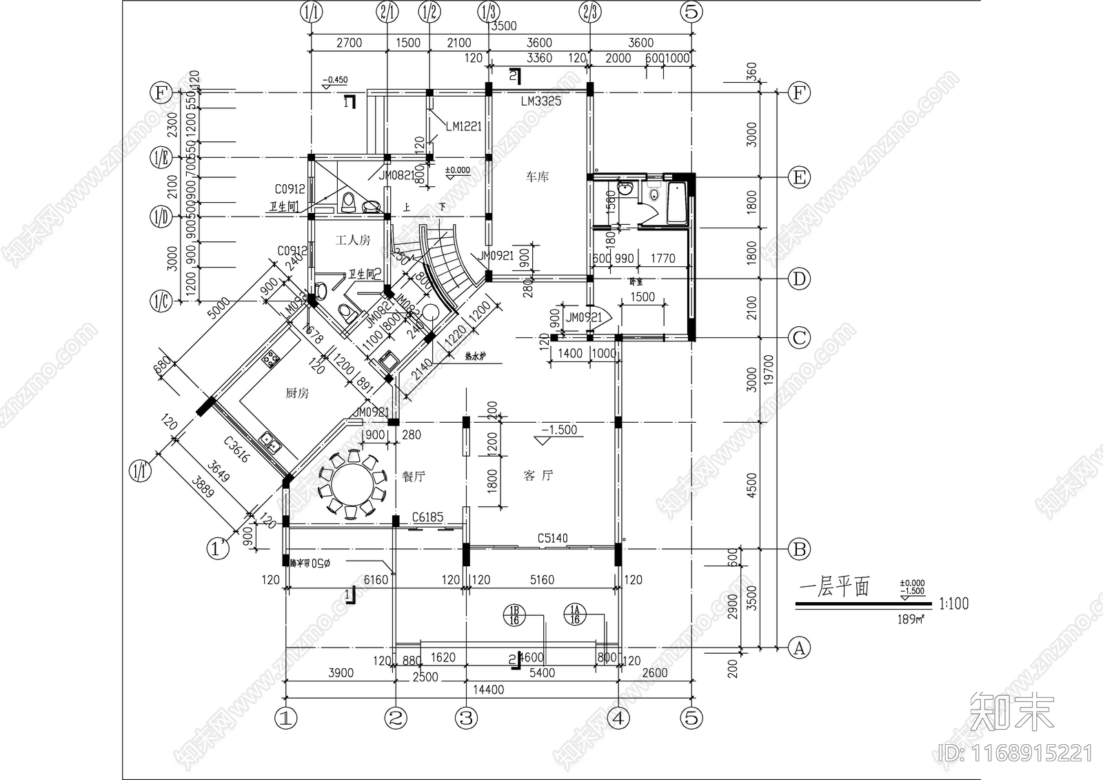 现代别墅建筑cad施工图下载【ID:1168915221】