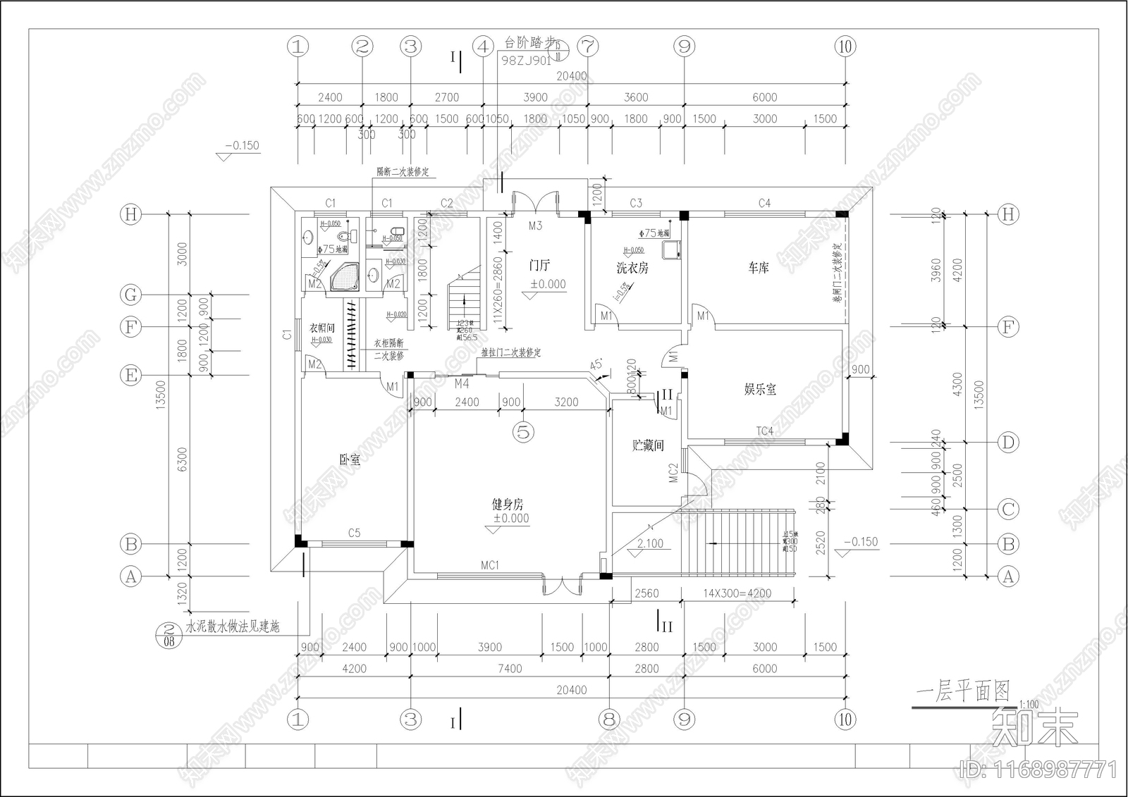 简欧别墅建筑cad施工图下载【ID:1168987771】