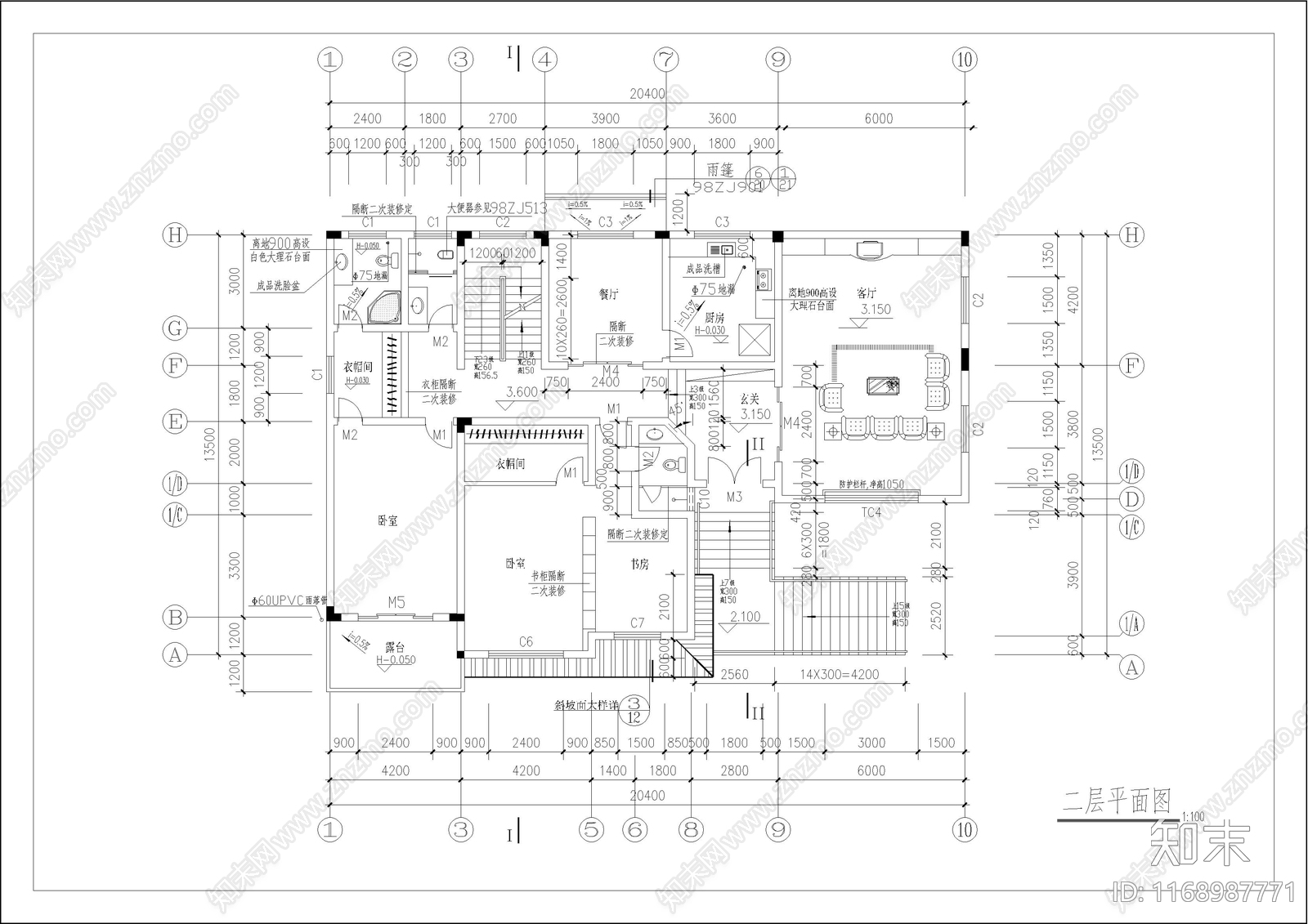 简欧别墅建筑cad施工图下载【ID:1168987771】