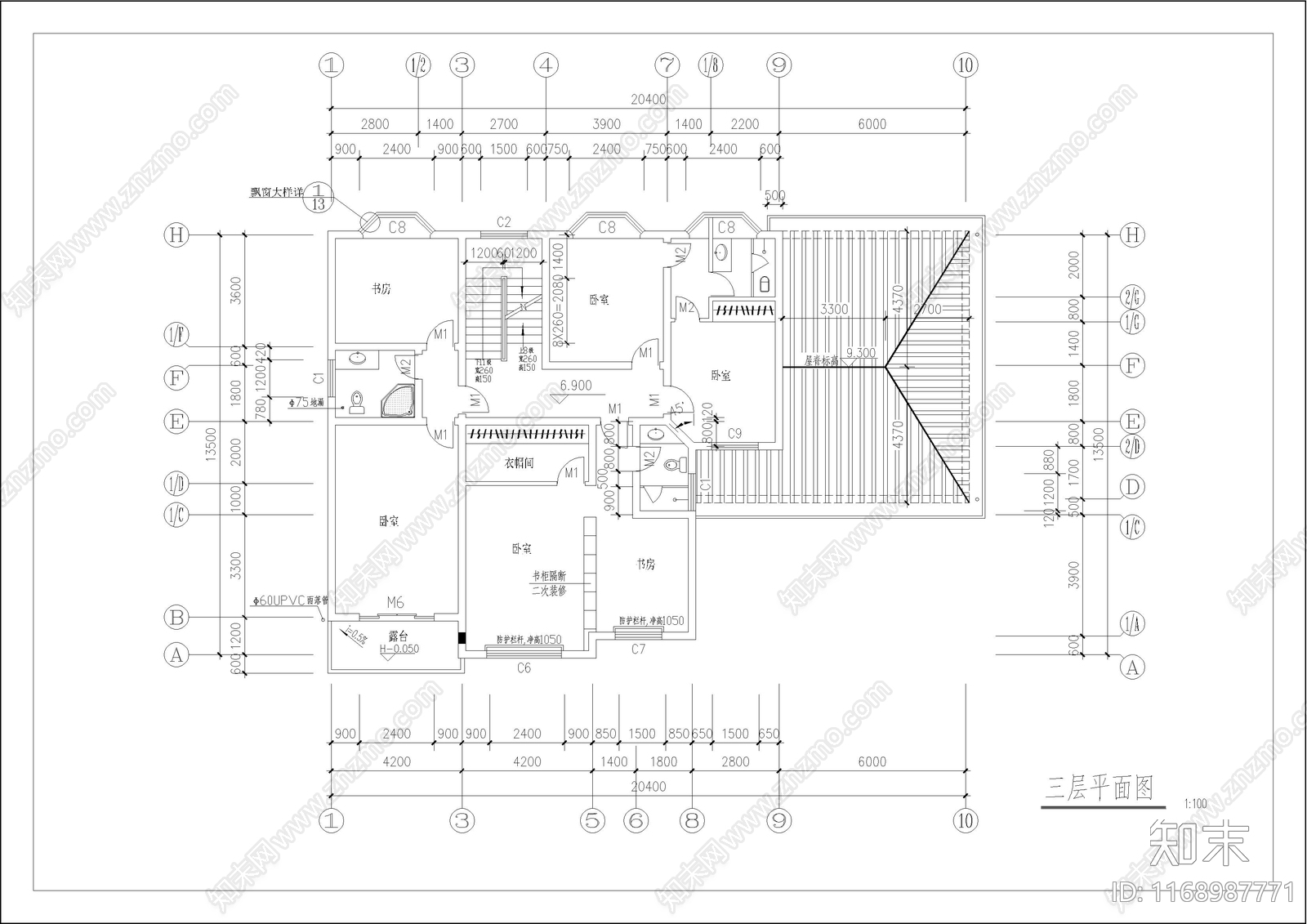 简欧别墅建筑cad施工图下载【ID:1168987771】