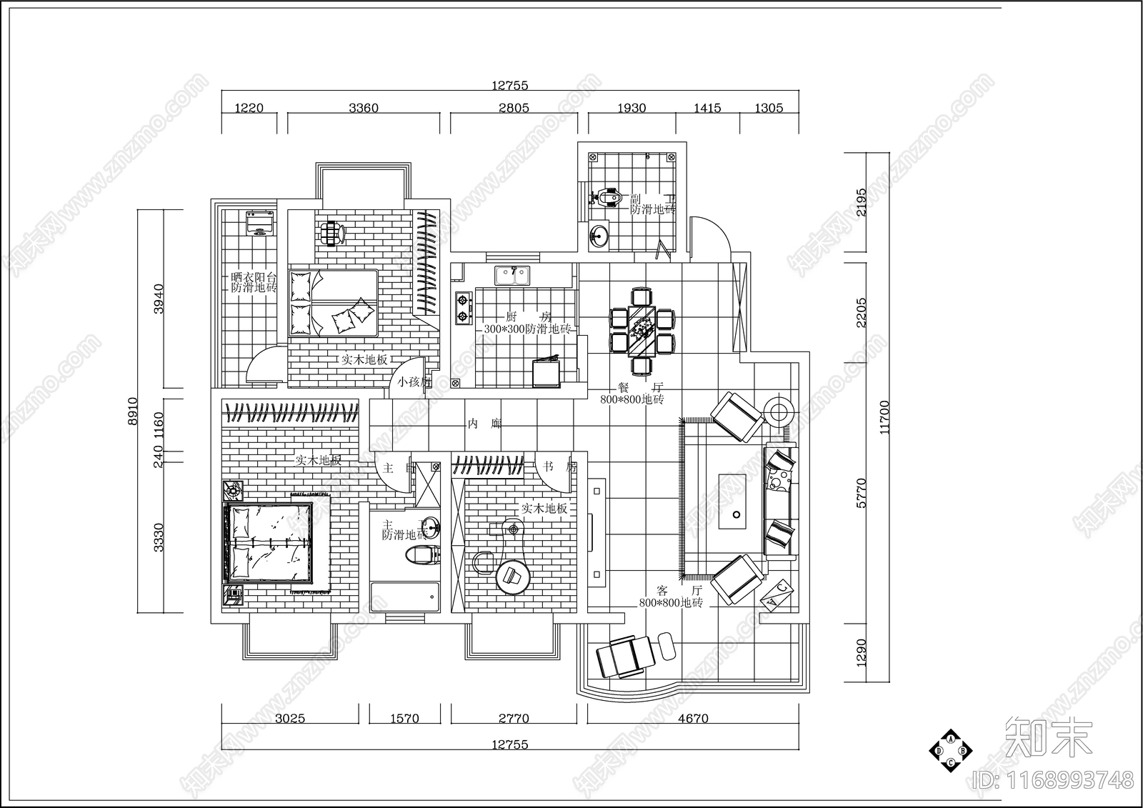 现代新中式整体家装空间cad施工图下载【ID:1168993748】