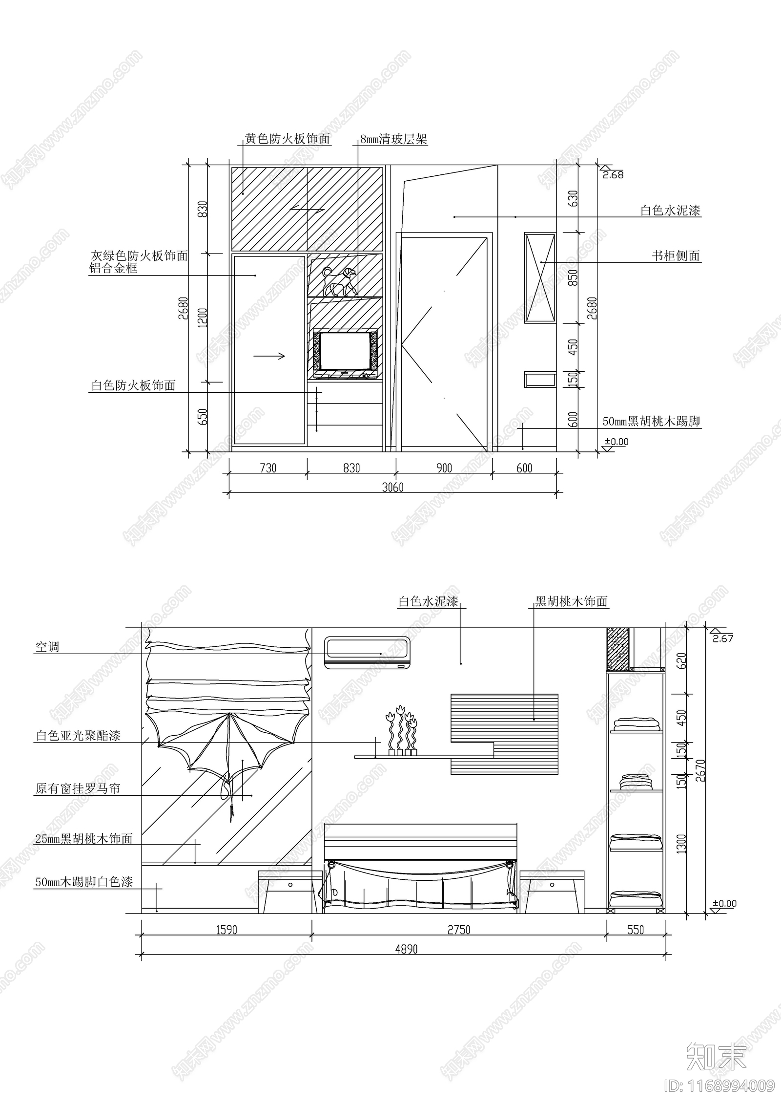 现代新中式卧室cad施工图下载【ID:1168994009】