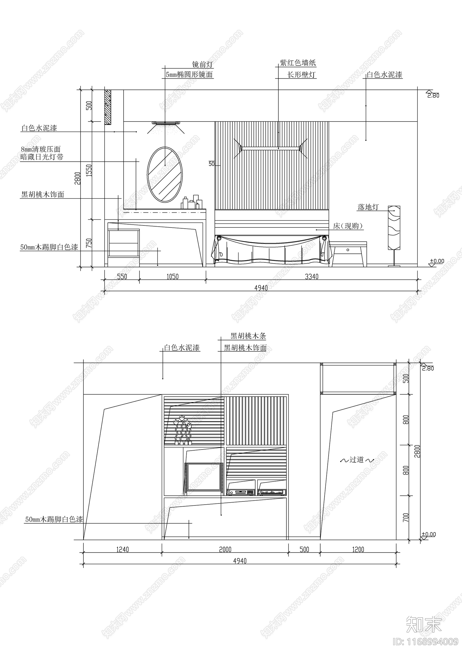 现代新中式卧室cad施工图下载【ID:1168994009】