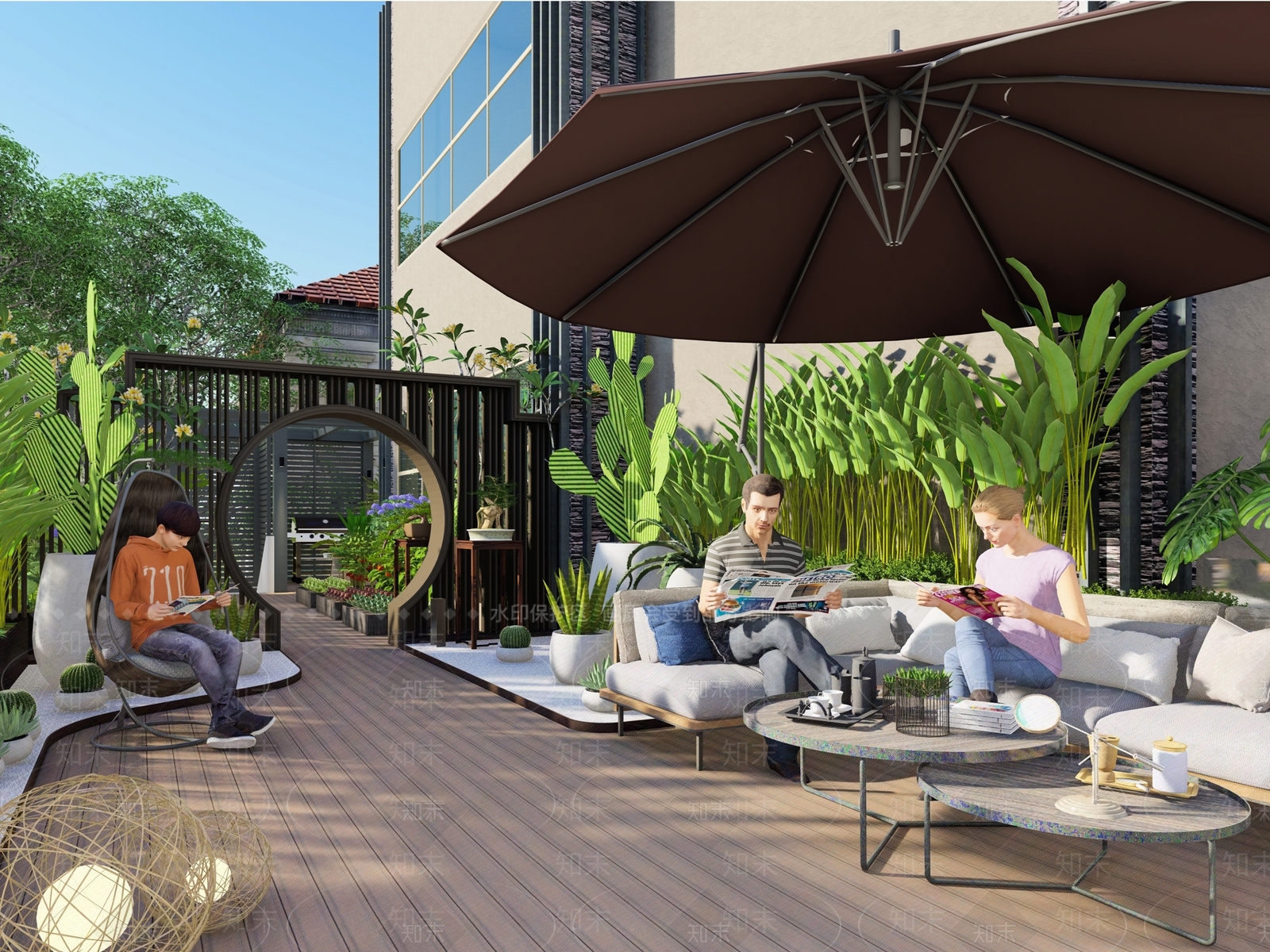 现代新中式屋顶花园SU模型下载【ID:1169010019】