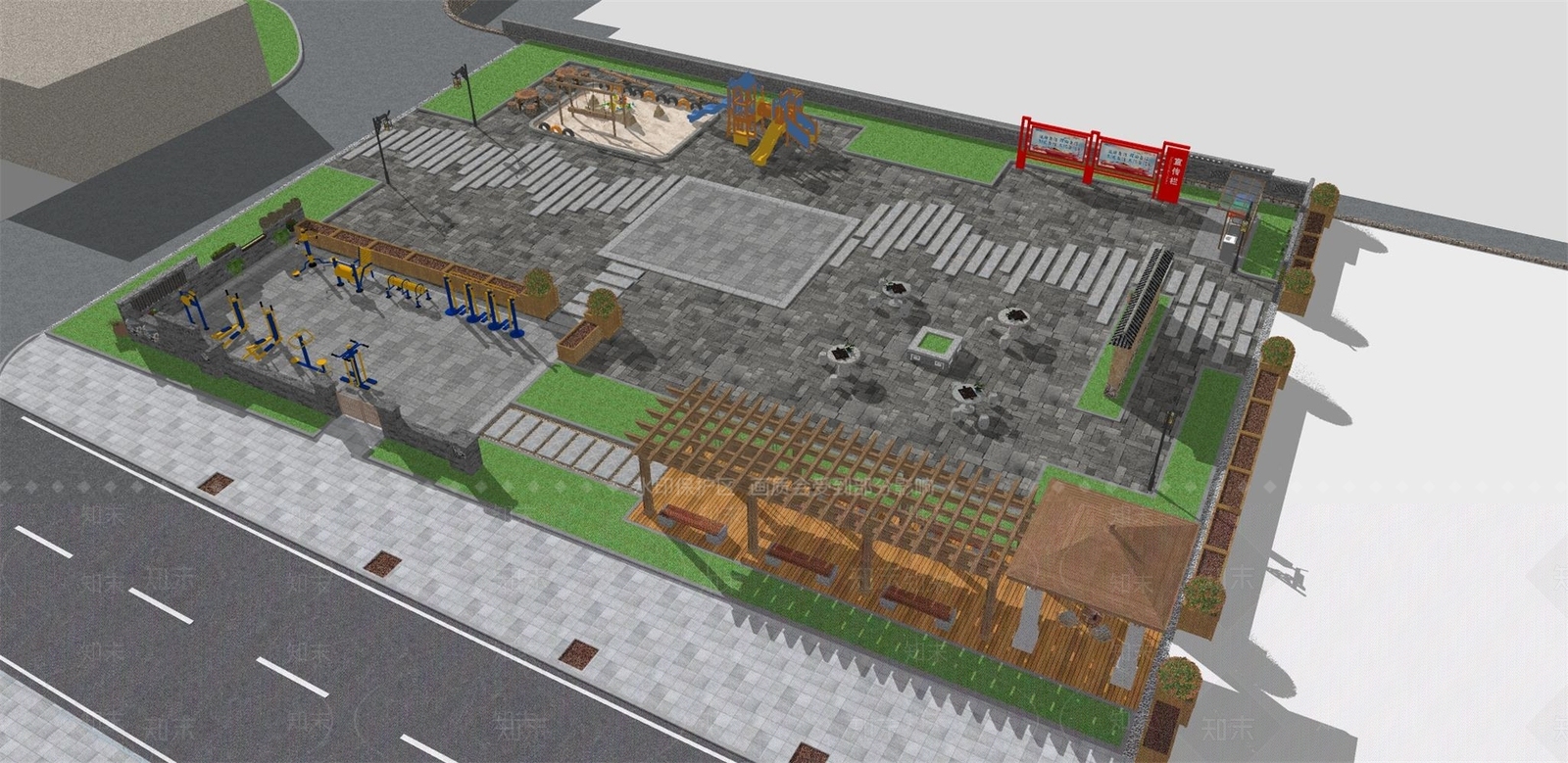 现代中式广场景观SU模型下载【ID:1169126996】