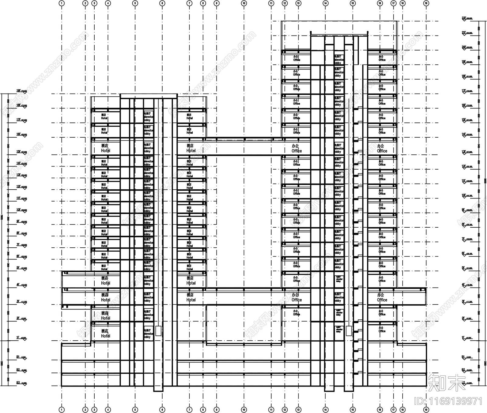 现代办公楼建筑cad施工图下载【ID:1169139971】