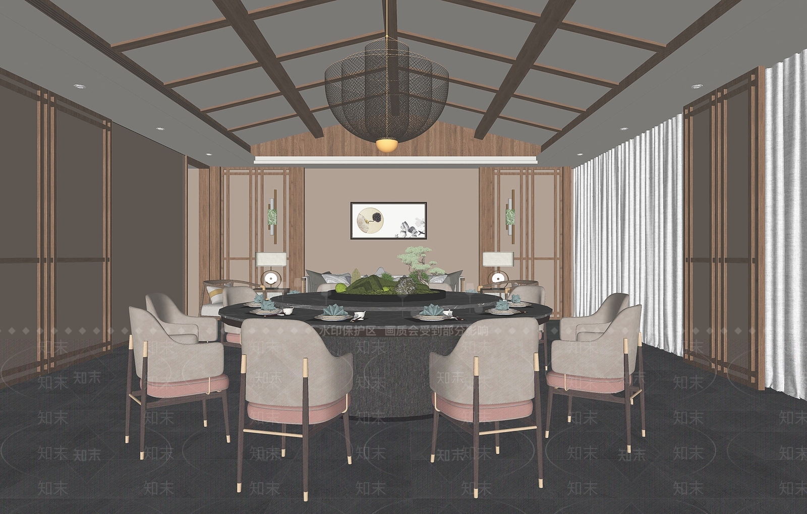 新中式原木包厢SU模型下载【ID:1169327342】