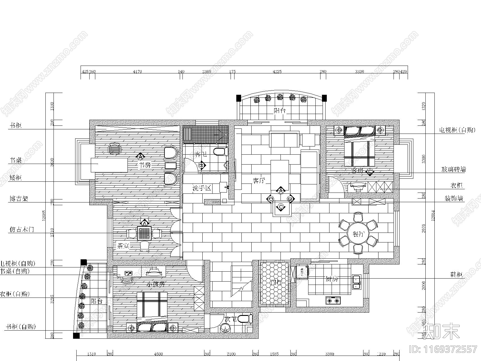 中式整体家装空间cad施工图下载【ID:1169372557】