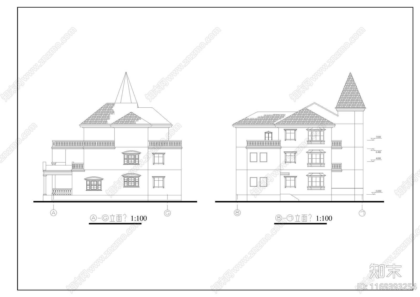 欧式别墅建筑cad施工图下载【ID:1169393254】