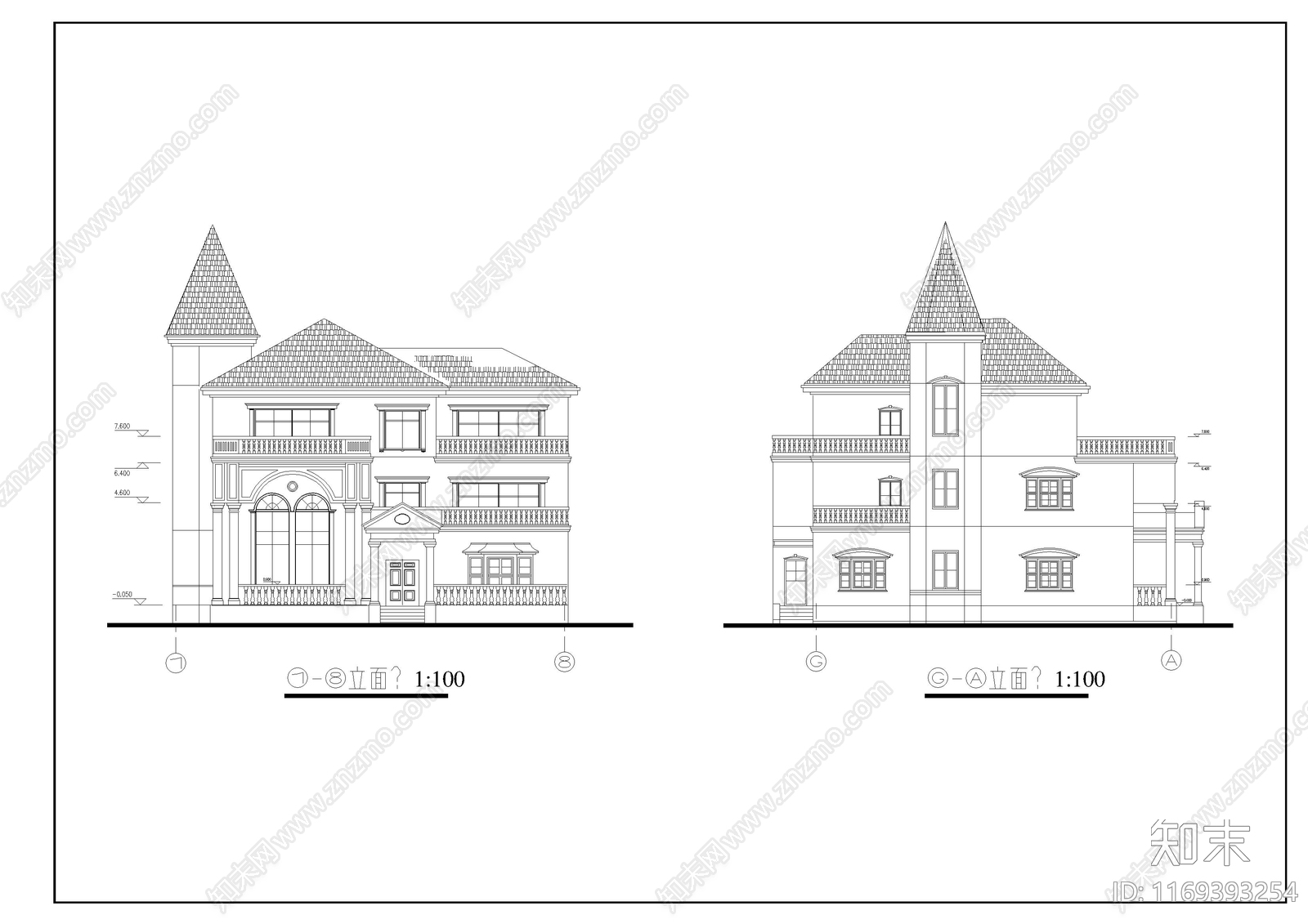 欧式别墅建筑cad施工图下载【ID:1169393254】