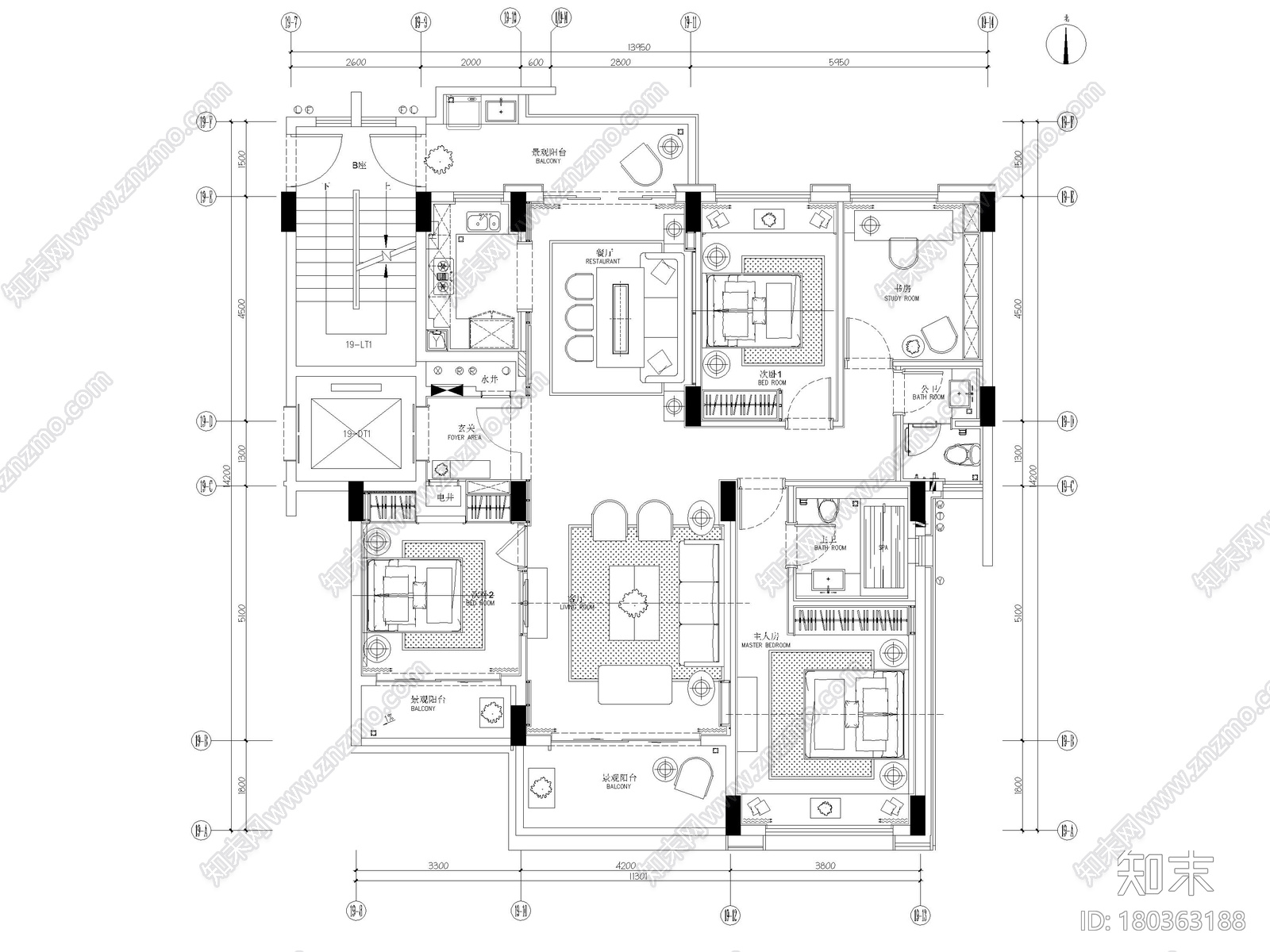 [深圳]160㎡现代三居家装样板房设计施工图施工图下载【ID:180363188】