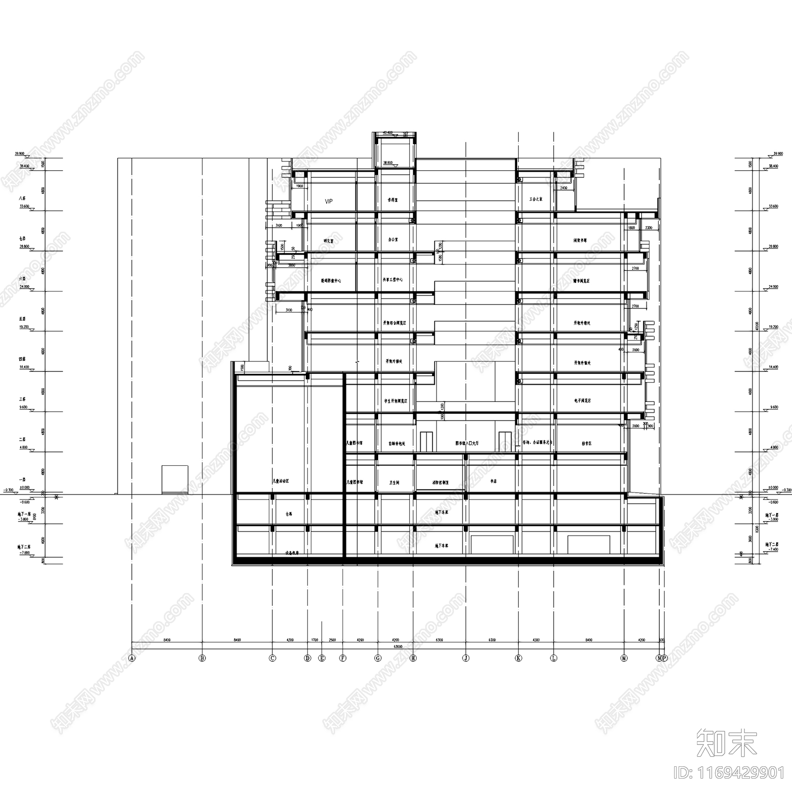 现代图书馆建筑cad施工图下载【ID:1169429901】