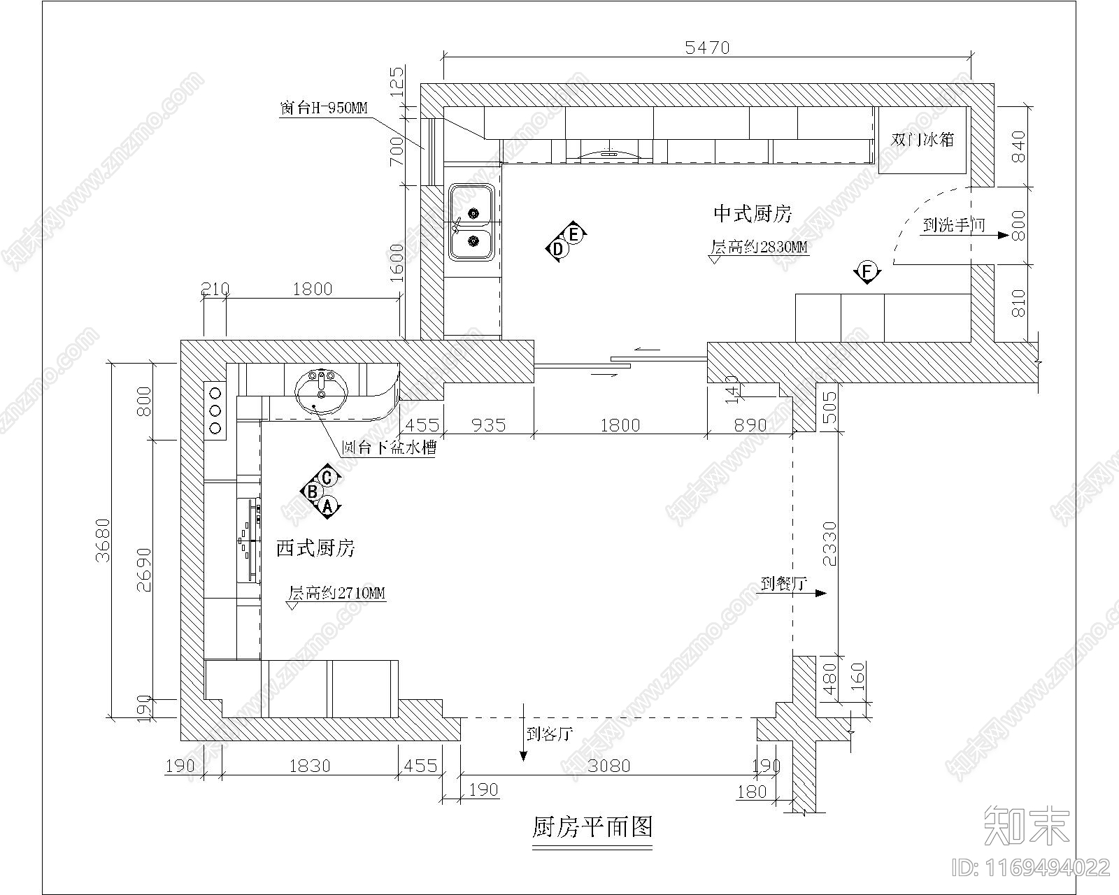 新中式欧式厨房施工图下载【ID:1169494022】