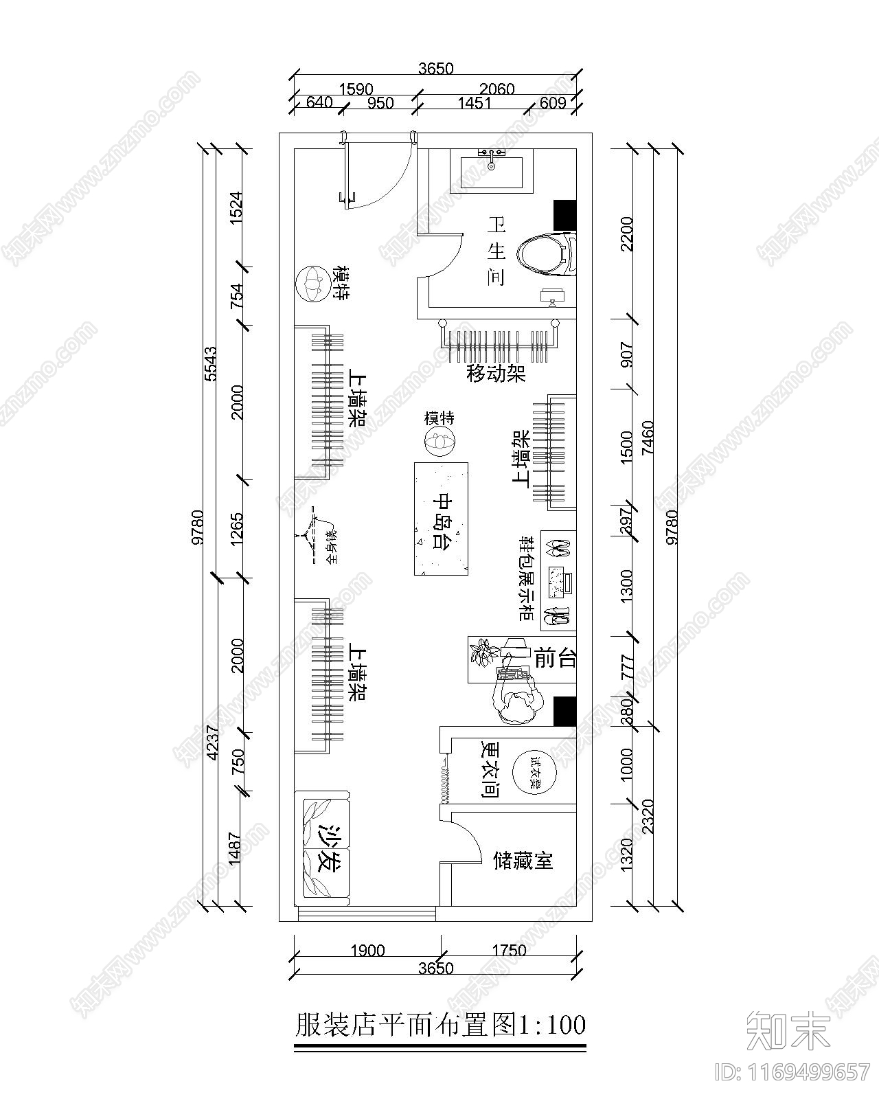 奶油服装店cad施工图下载【ID:1169499657】